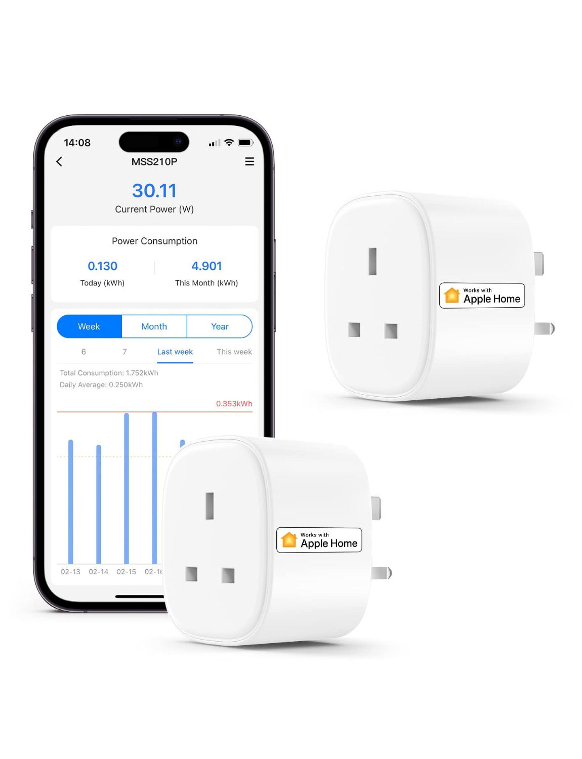 Refoss Smart Wi-Fi Plug with Energy Monitor, MSS210P, 2 Pack (UK Version)