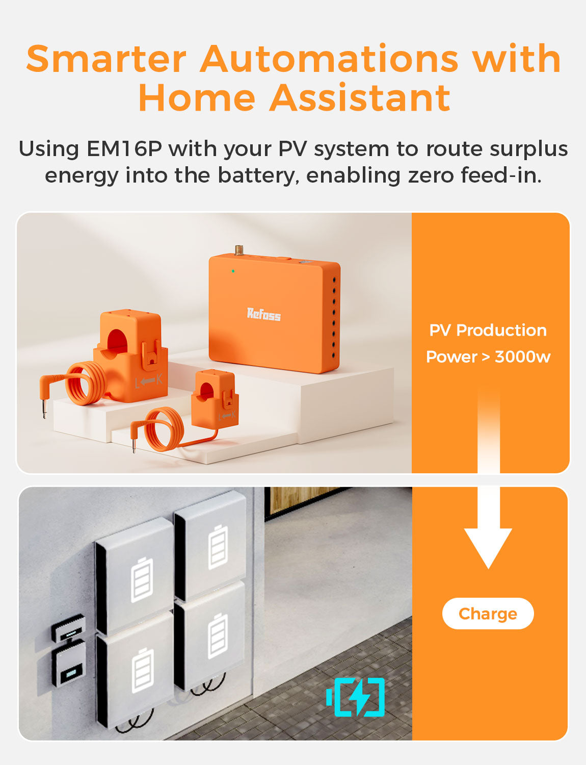 Orange battery system with text about Home Assistant and PV production, displayed on a white background.