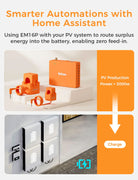 Orange battery system with text about Home Assistant and PV production, displayed on a white background.