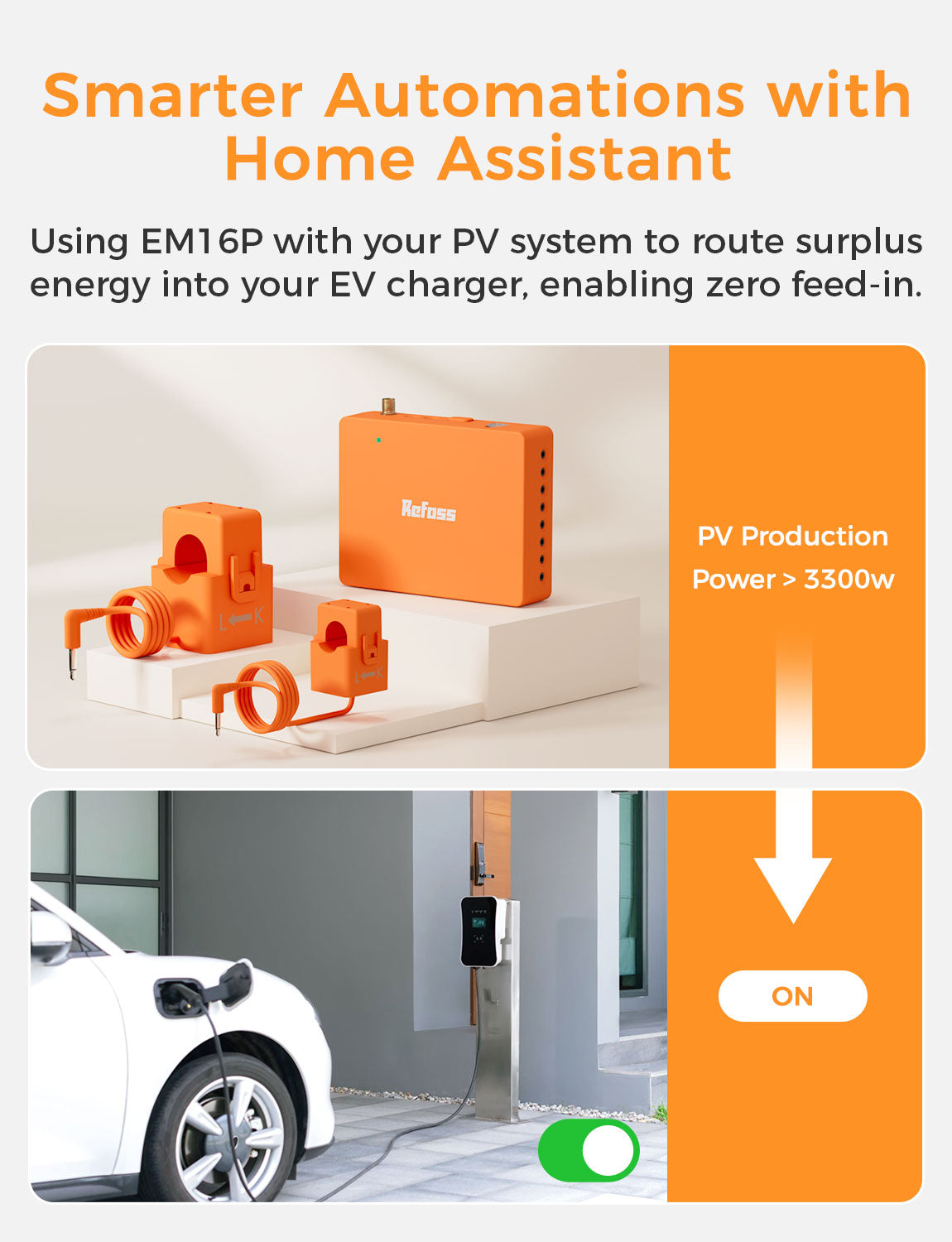 Advertisement for smart automation with Home Assistant, featuring an orange device and EV charging station.